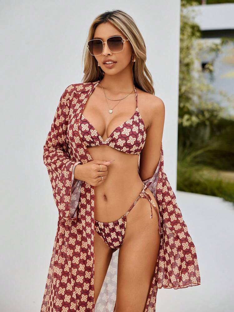 Women's Floral Print Halter Neck Two-Piece Bikini Set Carnival Summer Beach