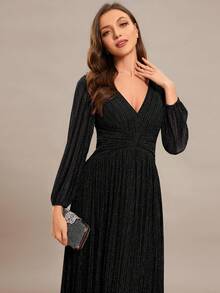 Fall Winter Formal Dresses Deep V-Neck Lantern Sleeve Sexy Black Evening Dress Elegant Long Sleeve Formal Prom Wedding Guest Gown For Graduation Dinner Holiday Shiny Dresses For Women