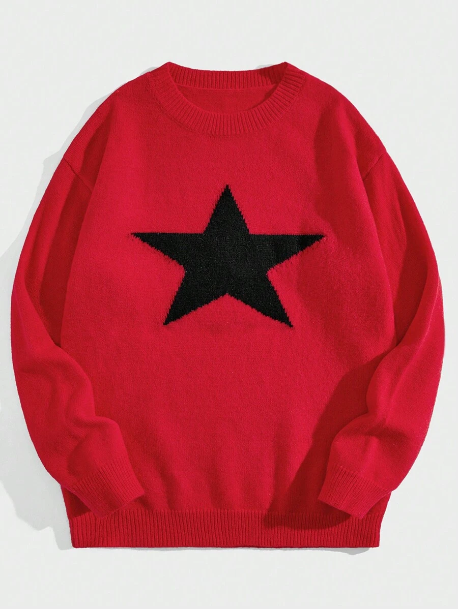 ROMWE MEN Street Life Men's Pentagram Pattern Sweater Pullover - Red - View 1