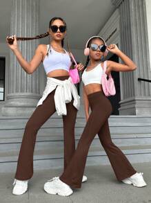 SHEIN Leap Crew Tween Girl 纯色高腰喇叭运动裤 - 棕色 - 查看 5