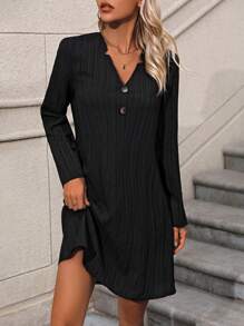 SHEIN LUNE Của phụ nữ Đơn giản Màu thuần Trang trí nút Cổ chữ V Tay áo dài Đầm - màu đen - Xem 7