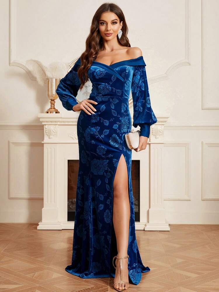 Open Shoulder, Lantern Sleeve, Embossed Pattern, Mermaid Style, High Slit Women Formal Evening Dress