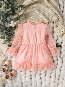 寶寶女孩圓點網紗絲帶拼接可愛連衣裙,適用於春夏季節 - 粉色 - 查看 2