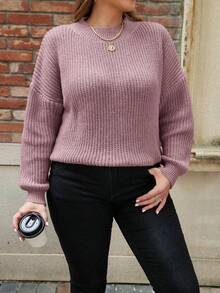 SHEIN LUNE 大尺碼女士下垂肩長袖套頭毛衣 - 粉色 - 查看 3