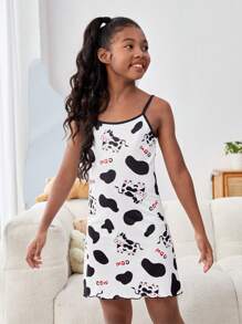 SHEIN Cô gái Tween In hoa bò Dải mỏng Váy ngủ - Đen và trắng - Xem 4