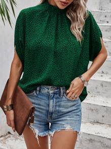 EMERY ROSE Full Print Batwing Sleeve Back Strappy Shirt - Dark Green - View 3