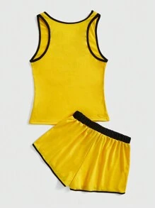 Batman X ROMWE Conjunto De Pijama Para Mujer Con Estampado De Dibujos Animados Y Ribete Con Contraste - Amarillo - Ver 2