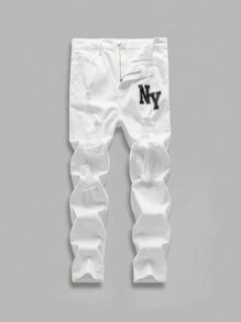 少年男孩新款休閒時尚水洗牛仔褲，印花補丁和破壞細節設計 - 白色 - 查看 1