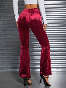 SHEIN PETITE 女士天鵝絨喇叭褲 - 酒紅色 - 查看 2
