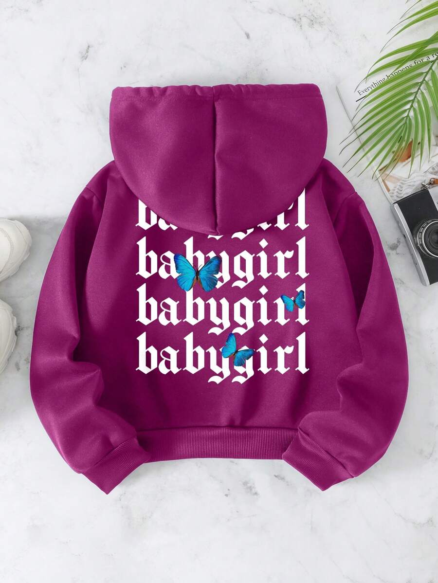 SHEIN EZwear Của phụ nữ Loại bướm In ấn Áo nỉ có mũ Với Trở lại In - Màu tím - Xem 1