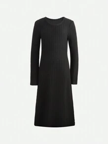 Teenage Girls' Ribbed Knit Long Sleeve Dress - Black - View 1