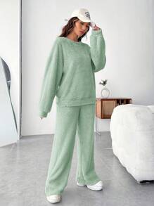 SHEIN EZwear Patch Details Teddy Sweatshirt And Pants Set - Olive Green - View 4