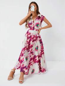 GENKIRA 女式大花紋印花洋裝,荷葉袖設計 - 玫紅色 - 查看 4