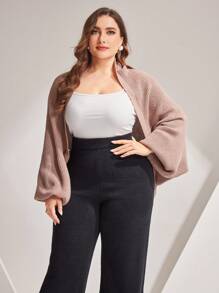 Mulvari 加大码纯色蝙蝠衫配毛衣和裤子 2 件/套 2 件套 - 杏色 - 查看 3