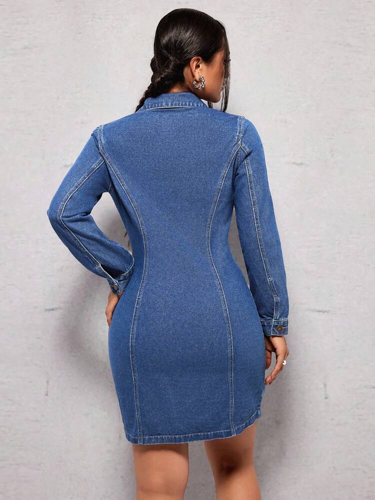 Women'S Button Front Shirt Collar Denim Dress