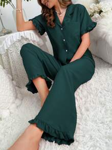 睡衣套装 休闲套装 正面带荷叶边口袋 - 墨綠色 - 查看 5