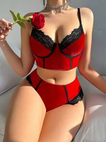 女士拼接蕾絲內衣套裝(帶鋼圈胸罩和底褲) - 紅色 - 查看 5