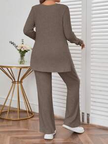 SHEIN Essnce Kích thước lớn Chia bên Tay áo dài Áo thun Và Quần Bộ - Màu Khaki - Xem 2