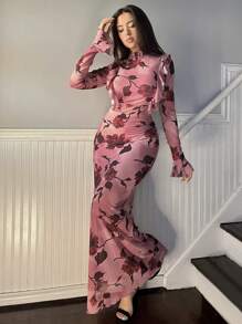 女士復古花卉印花連身裙,荷葉邊和鈴鐺袖 - 彩色 - 查看 2