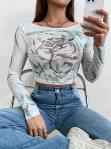 Flirla Rose Printed Long Sleeve T-Shirt - White - View 5