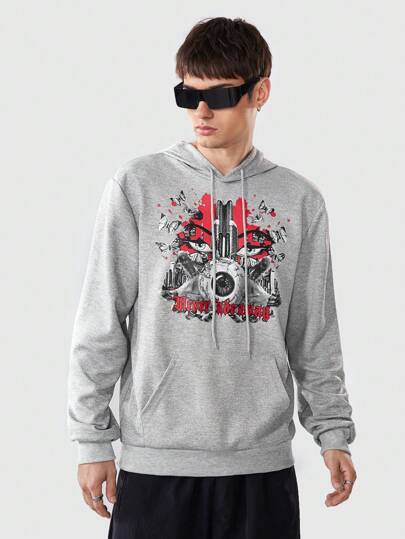 Grunge Punk Men'S Pattern Printed Hoodie With Kangaroo Pocket