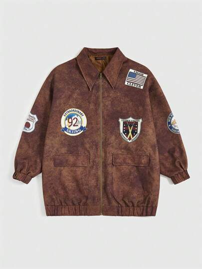 Women'S Plus Size Badge Print Zipper Front Jacket