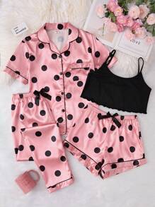 Conjunto De 4 Peças Para Casa Com Bolinhas Rosa Para Meninas Adolescentes, Incluindo Calças Compridas, Camisa De Manga Curta, Shorts E Camisola, Casual E Confortável