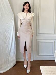 Dazy Star Split Hem Pu Leather Skirt Fall,Winter - Apricot - View 5