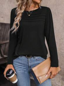 SHEIN LUNE 圓領長袖休閒t恤 - 黑色 - 查看 6