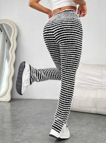 SHEIN EZwear Women Casual Striped Pants With Side Slit Hem, Versatile - Black and White - View 1