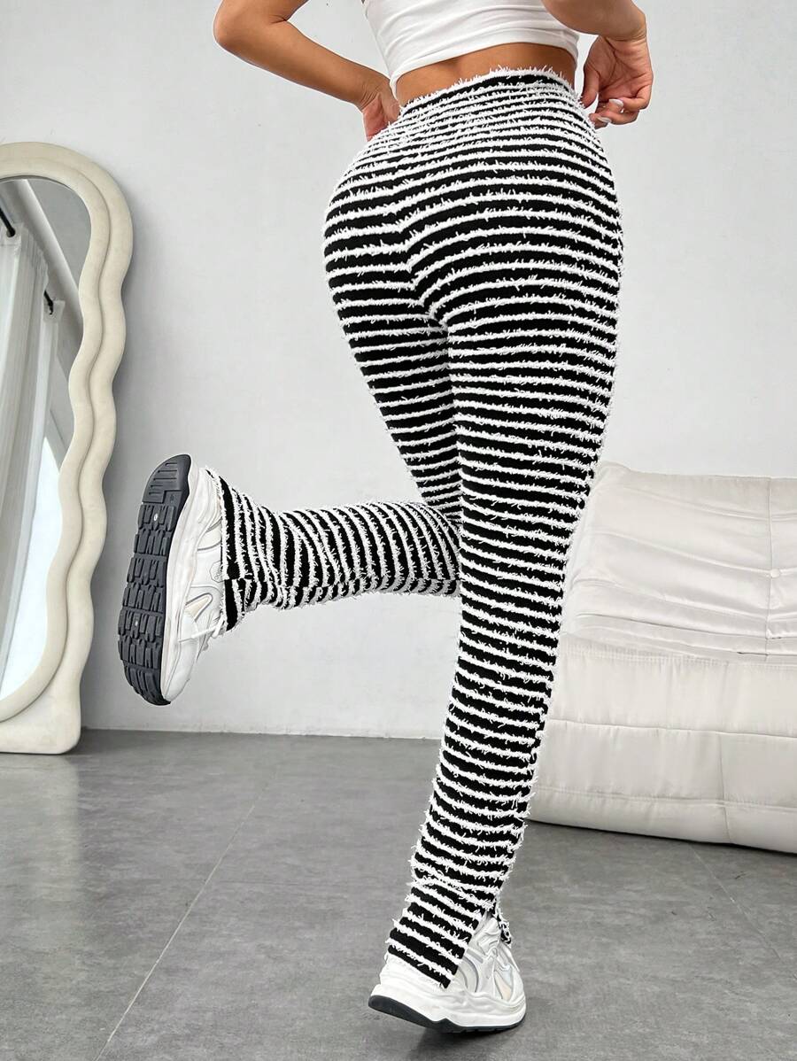 SHEIN EZwear Women Casual Striped Pants With Side Slit Hem, Versatile - Black and White - View 1