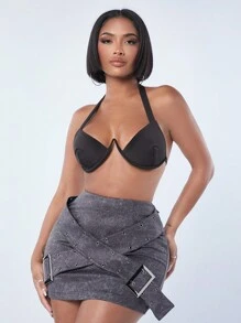 SHEIN SXY 情人節性感服裝俱樂部工裝街潮休閒迷你女士短裙 - 灰色 - 查看 7