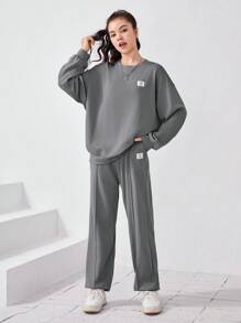 SHEIN 青少年針織華夫格圖案標籤運動衫斜口袋和慢跑褲套裝 - 淺灰色 - 查看 6