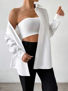 SHEIN LUNE Màu thuần Quay xuống Vòng cổ Nút phía trước Áo sơ mi - trắng - Xem 3