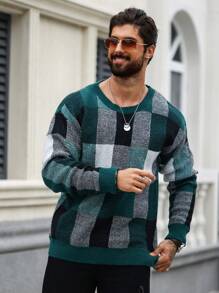 男士格紋圓領毛衣 - 軍綠色 - 查看 3