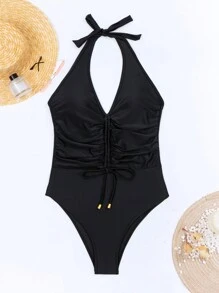 SHEIN Swim 女士露背系带连体泳衣 嘉年华 夏季 - 黑色 - 查看 5