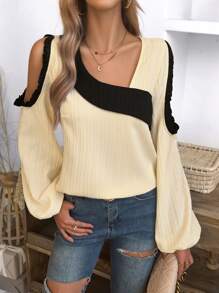 SHEIN Privé Ladies' Asymmetric Collar Cold Shoulder Shirt With Color Blocking Design - Apricot - View 1