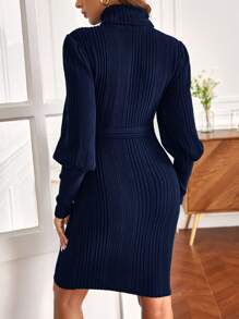 SHEIN 孕婦高領長袖腰帶連衣裙 - 藍色 - 查看 2