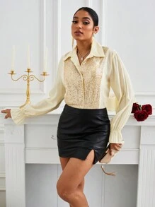 GENKIRA Women'S Long Sleeve Sequined Patchwork Shirt Fall Cloth For Women - Beige - View 5