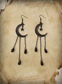 ROMWE Academia 1pair Black Crystal Crescent Moon Shaped Hollow Out Stars & Tassel Pendant Earrings - Black - View 4