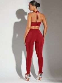 SHEIN BAE 女用圍脖肩帶背心和緊身褲套裝 - 紅色 - 查看 2