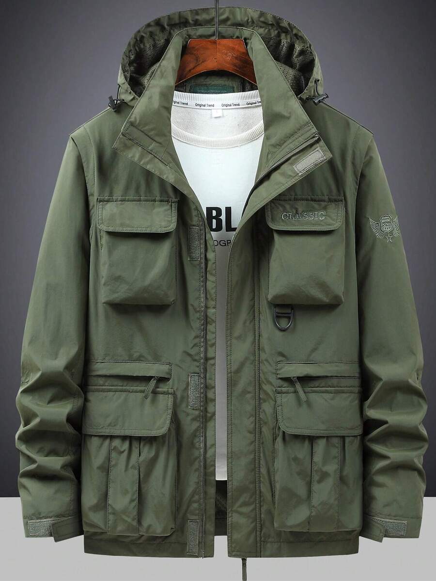 Chaqueta con capucha de manga larga para hombre con bolsillos con solapa y dobladillo con cordón, otoño - Verde militar - Ver 1