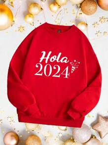 SHEIN Essnce 1件女士寬鬆款新年字母印花保暖圓領毛絨衫 - 紅色 - 查看 1