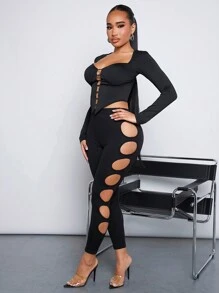 SHEIN SXY Gợi cảm Xu hướng: Cắt giảm Vượt qua Băng bó Thiết kế Tay áo dài Áo thun - màu đen - Xem 6