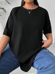 CovetEZ Plus Size Solid Color Drop Shoulder T-Shirt - Black - View 1