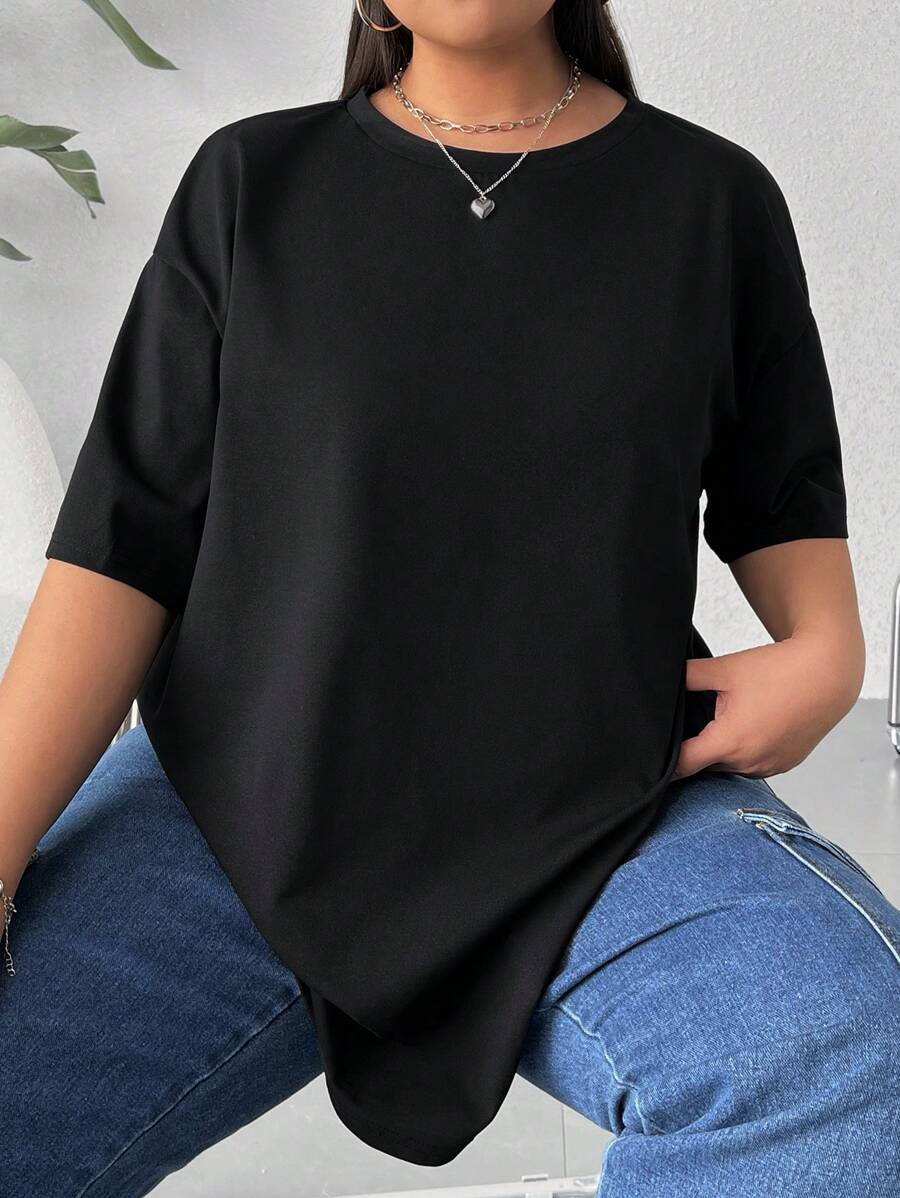 CovetEZ Plus Size Solid Color Drop Shoulder T-Shirt - Black - View 1