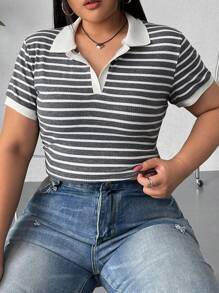 SHEIN EZwear Kích thước lớn Sọc Quần skinny Áo thun - Xám - Xem 4
