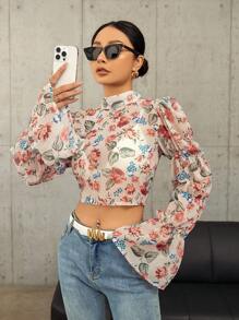 GENKIRA Women'S Floral Print Stand Collar Bell Sleeve Cropped Shirt Fall Cloth For Women - Multicolor - View 5