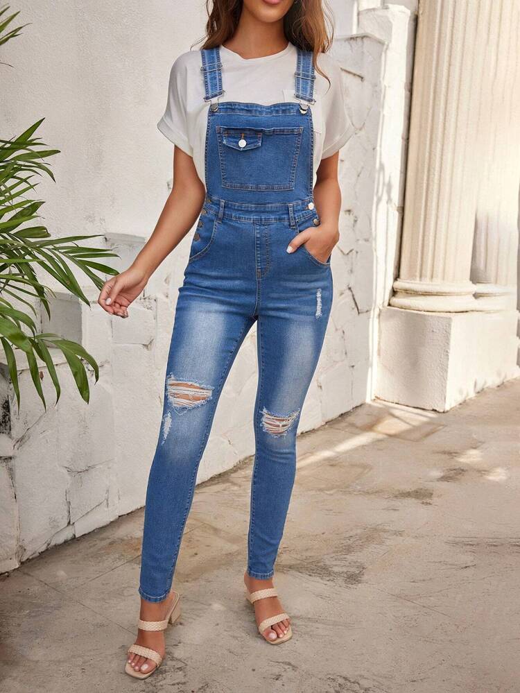 Women'S Ripped Denim Overalls