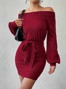SHEIN Essnce 一字肩燈籠袖腰帶緊身洋裝 - 紅色 - 查看 4